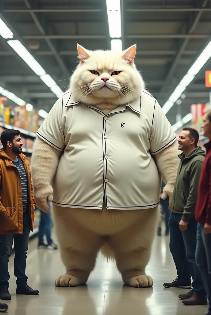  depressed, overweight cat which looks like a human, standing on two legs, white fur, the cat is very stought, full picture, standing at an impressive 7 feet tall! Went to supermarket market. More, increase the height and weight. In supermarket. Buying food, wearing a large shirt.  All the other people laughing at the cat due to his weight 
The cat went to gym to reduce weight