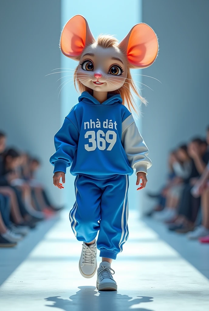 Tạo cho tôi hình ảnh một cô gái có khuôn mặt của 1 con chuột đang catwalk trong trang phục phong cách street màu xanh dương kết hợp màu trắng, trên trang phục có dòng chữ Nha Dat 369, ảnh toàn thân