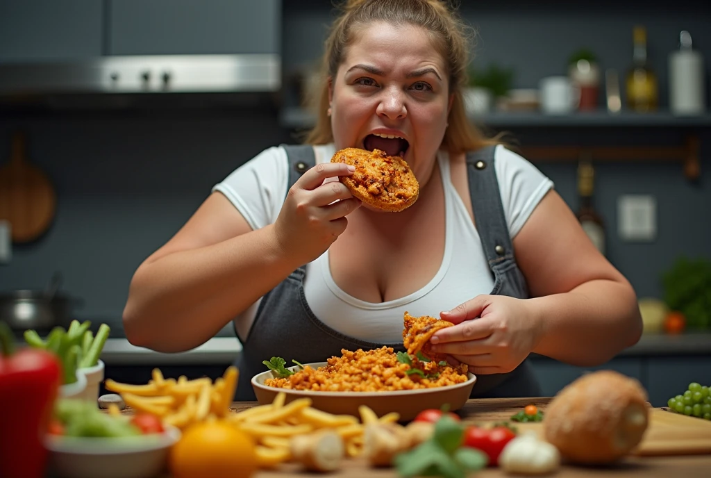 Heaps of food in both hands,fat muscular woman Eating battle contest,in kitchen stadium