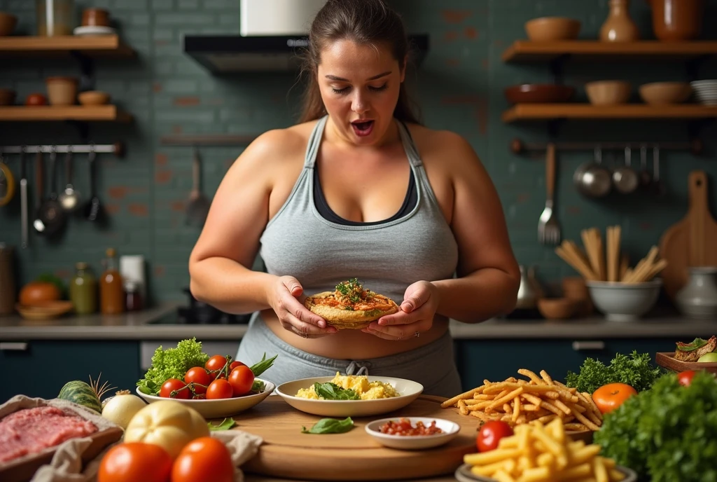 Heaps of food in both hands,fat muscular woman Eating battle contest,in kitchen stadium