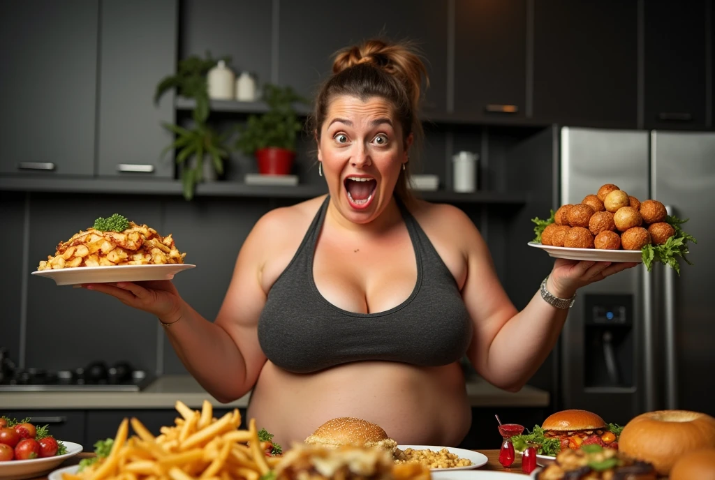 Heaps of food in both hands,fat muscular woman Eating battle contest,in kitchen stadium