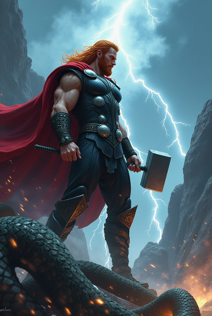 A man from norse mythology named thor with red hair and red beard with a hammer in his hand, thunder cracking and mountain at the background, fought midgard serpent