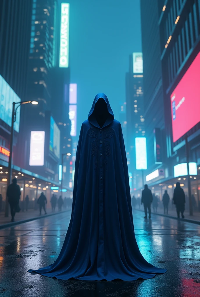 A blue hooded man standing on the streets at night in future