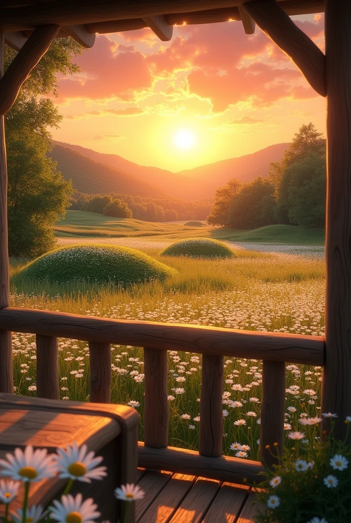 I'm on the balcony of a wooden house and in front of the balcony there are 2 mounds full of daisies and the sunset behind the mounds.