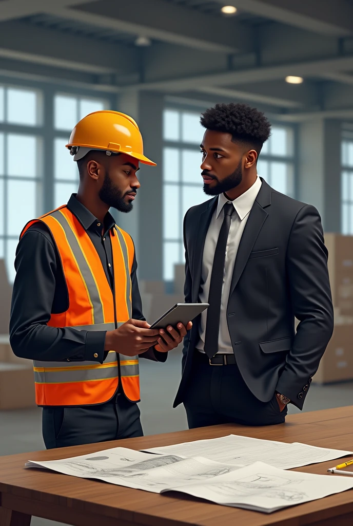 generate an image: two black people standing in front of a table. The person on the left is wearing a high visibility vest with reflective strips and a safety helmet., suggesting that it may be on a construction site or in an industrial setting. This person is wearing a black suit and is holding a tablet.. They are involved in some kind of discussion or work, possibly reviewing plans or documents laid out on the table.