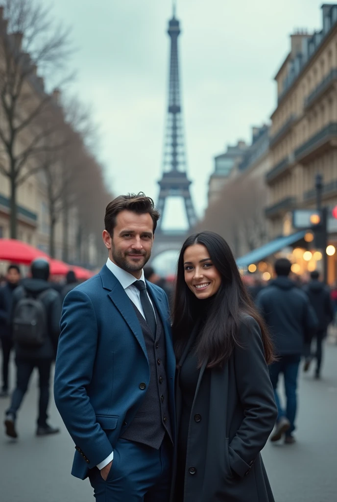 (((Front view:1.3))), Full-body, couple is standing pose , on street , in Paris, looking Eiffel Tower, everyone nothing people, 2024 years ,(1 male and 1 female is exist), (1 male Englishman, 1 boy is 2 old), ( blond hair, long black hair, handsome face mask, happy), English gentleman ( blue suit style, suit , vest, pants, (brown shoes)), 1 man and 1 woman is couple, looking back, demo , many people striking, black smog, riot UHD, masterpiece, retina, anatomically correct, accurate, textured skin, super detail, high quality, high details,

INFO

