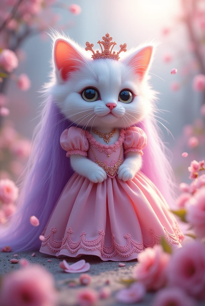 A very cute little white cat princess wearing a pink princess dress with long purple hair reaching her feet.
