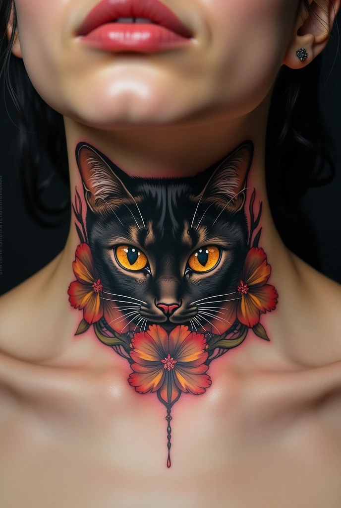 Neck tattoo frontal two cat eyes (only eyes, no head etc) around snapdragon flowers