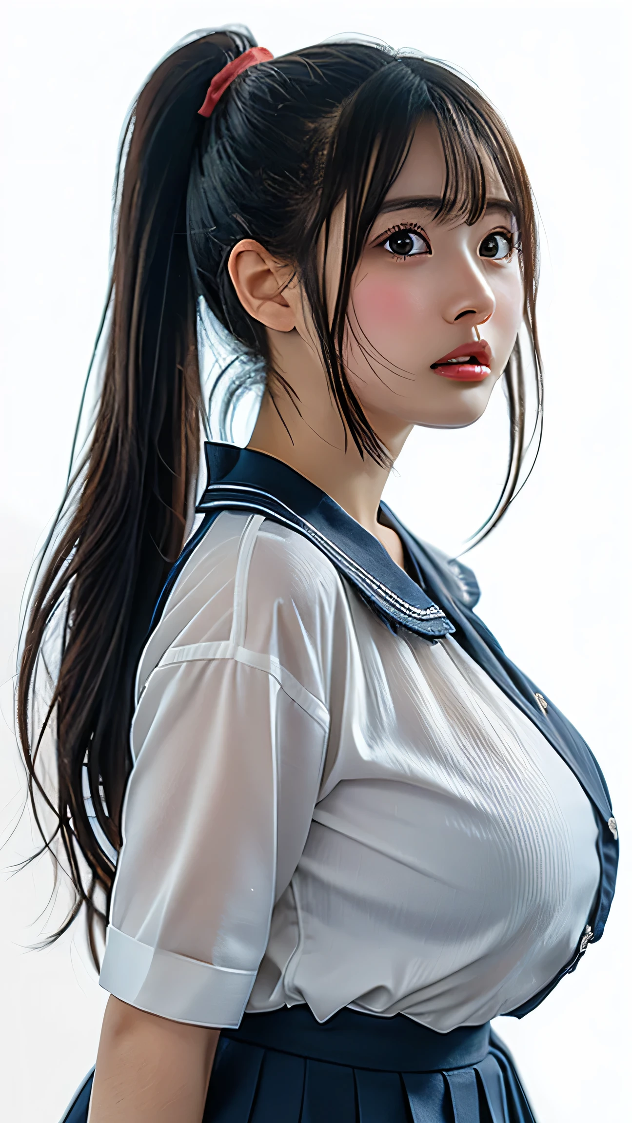 (Highest quality、Tabletop、、Best image quality、Award-winning works)、Cute school girl、けたWhite polyester collared shirt、Short sleeve:1.4)、(Navy Pleated Skirt:1.1)、Portrait of、Glowing Skin、Brown Hair、Are standing、Sculpture Pose、(The simplest pure white background:1.1)、(Extremely large face and larger breasts:1.8)、Accentuate your body lines:1.1)、Very large red ribbon tie、((High point ponytail:1.35))、smile、((naked))