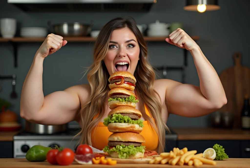 Heaps of food in both hands,fat muscular women Eating battle contest,in kitchen stadium