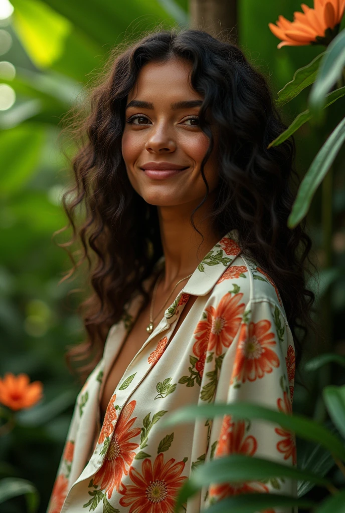 A Brazilian woman in a lush tropical garden, wearing an open shirt with a floral print, with a close-up capturing the harmonious beauty between her breasts and the natural flowers, showing off your natural charm and outgoing personality.