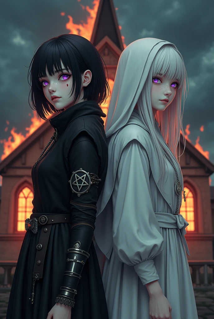 Two pale girls from the middle ages, back to back, the left with violet eye, short black hair, black alchemist robes with technology, cut on the face, steampunk left arm prosthesis, with pentagram and dagger, with a look of suffering, right with white nun clothes, long white hair, eyes closed holding a rosary, with a bonfire execution in the background