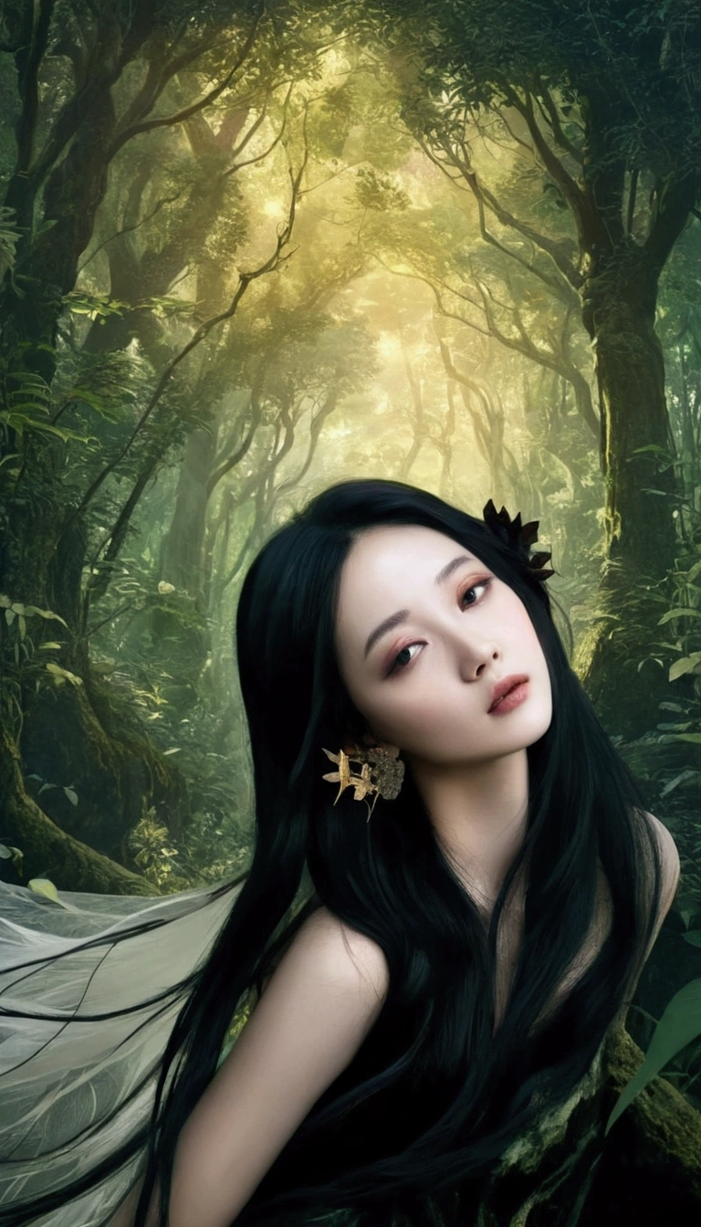 there is a woman with long black hair posing in a forest, inspired by Ai Xuan, forest soul, forest fae, goddess of the forest, portrait of a fairy, forest fairy, inspired by Tang Yifen, inspired by Chen Lin, artwork in the style of guweiz, jingna zhang, digital fantasy portrait, beautiful avatar pictures, in a magical forest