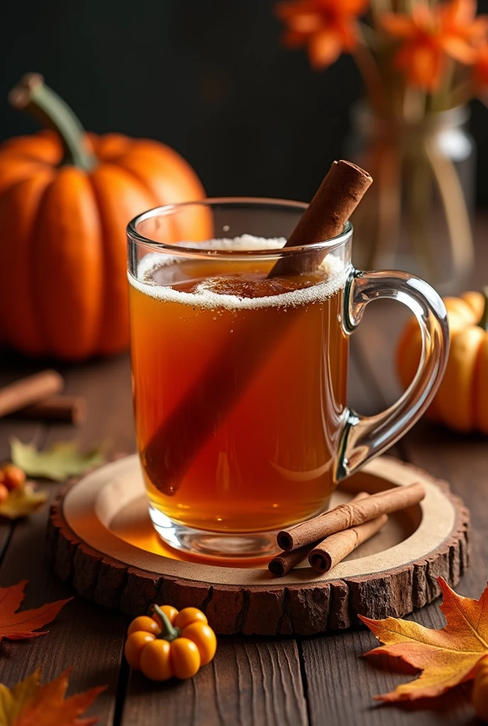{Spiced Apple Cider with Cinnamon Stick} -- A warm, cozy spiced apple cider served in a rustic glass mug, perfect for a chilly Halloween evening. The cider is infused with cinnamon, cloves, and a hint of orange zest, topped with a cinnamon stick for stirring. The mug is set on a wooden tray, surrounded by autumn leaves, cinnamon sticks, and a few small, decorative pumpkins. A soft, warm light illuminates the scene, highlighting the rich amber color of the cider and creating a cozy, inviting atmosphere. A subtle Halloween touch is added with a tiny carved pumpkin in the background, casting a playful shadow on the table. -- {photorealistic}, {high-resolution}, {warm and cozy tones}, {Halloween beverage photography}, {natural light}, {Instagram aesthetic}, {rustic autumn charm}, {gourmet drink experience}, {spiced apple cider warmth}