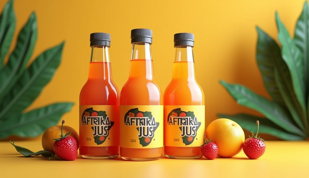 Modélise moi une image 3d de trois bouteilles de jus et quelques fruits posé au pied des bouteilles, avec le nom Afrika Jus inscrit sur les étiquettes collé sur les bouteilles, dans un jolie décor.