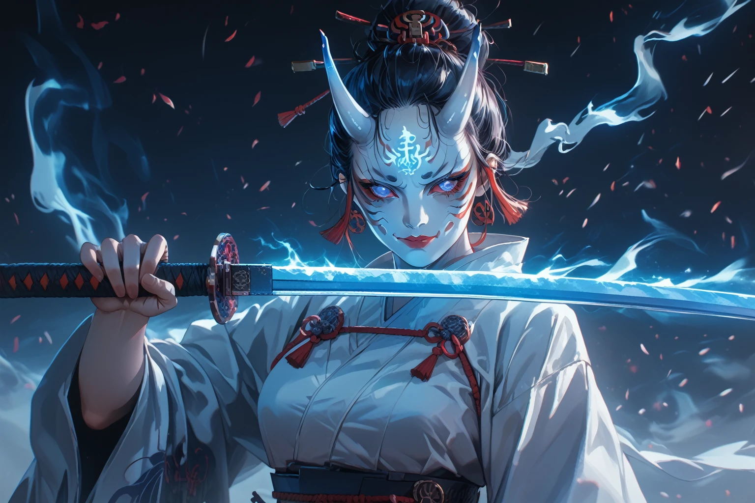 There is a woman dressed in white, Holding a sword, onmyoji detailed art, onmyoji, Lostrun 8k, Art Jam and Atei Geylang, onmyoji portrait, rossdraws Global Illumination, Loss-draw volumetric lighting, Very beautiful cyberpunk samurai, Trending on artstation 4k, cgsociety と fenghua zhong
