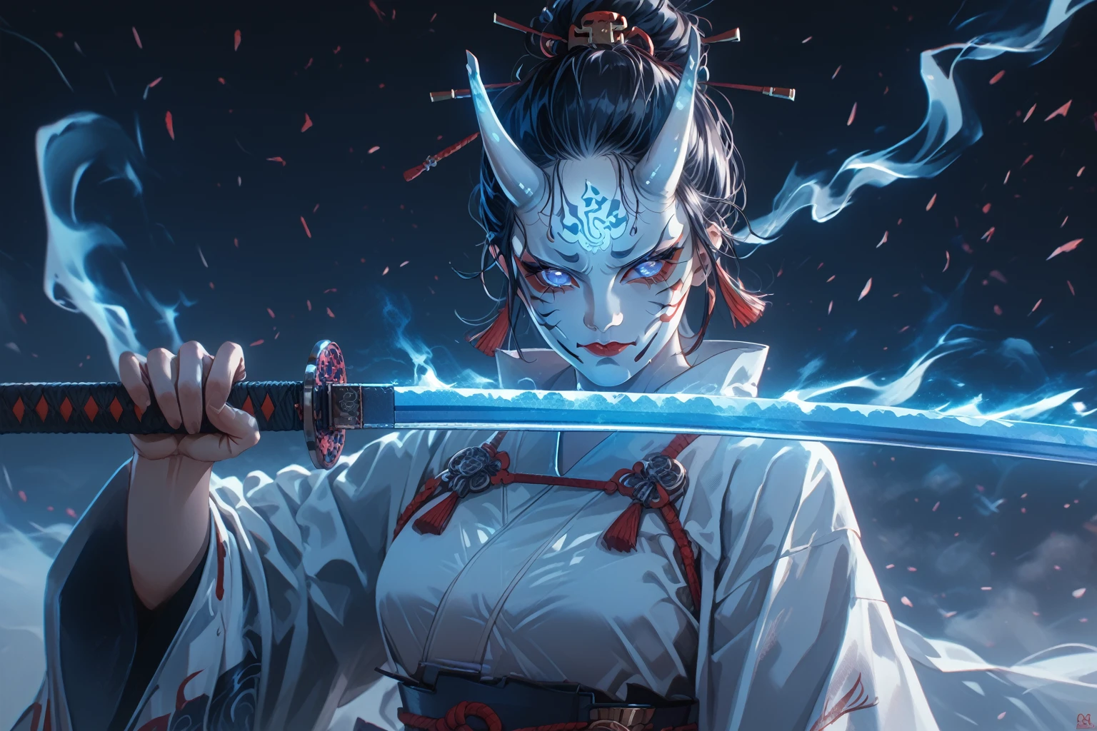 There is a woman dressed in white, Holding a sword, onmyoji detailed art, onmyoji, Lostrun 8k, Art Jam and Atei Geylang, onmyoji portrait, rossdraws Global Illumination, Loss-draw volumetric lighting, Very beautiful cyberpunk samurai, Trending on artstation 4k, cgsociety と fenghua zhong