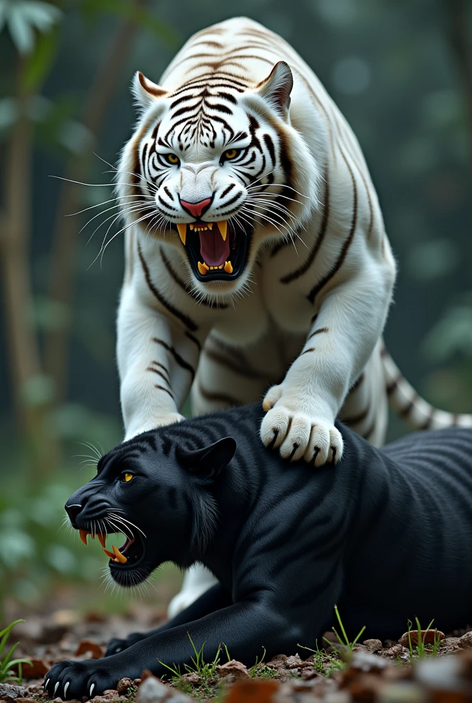 Black panther versus white tiger but the white tiger defeated Black panther and standing on the black panther while opening his mouth 
