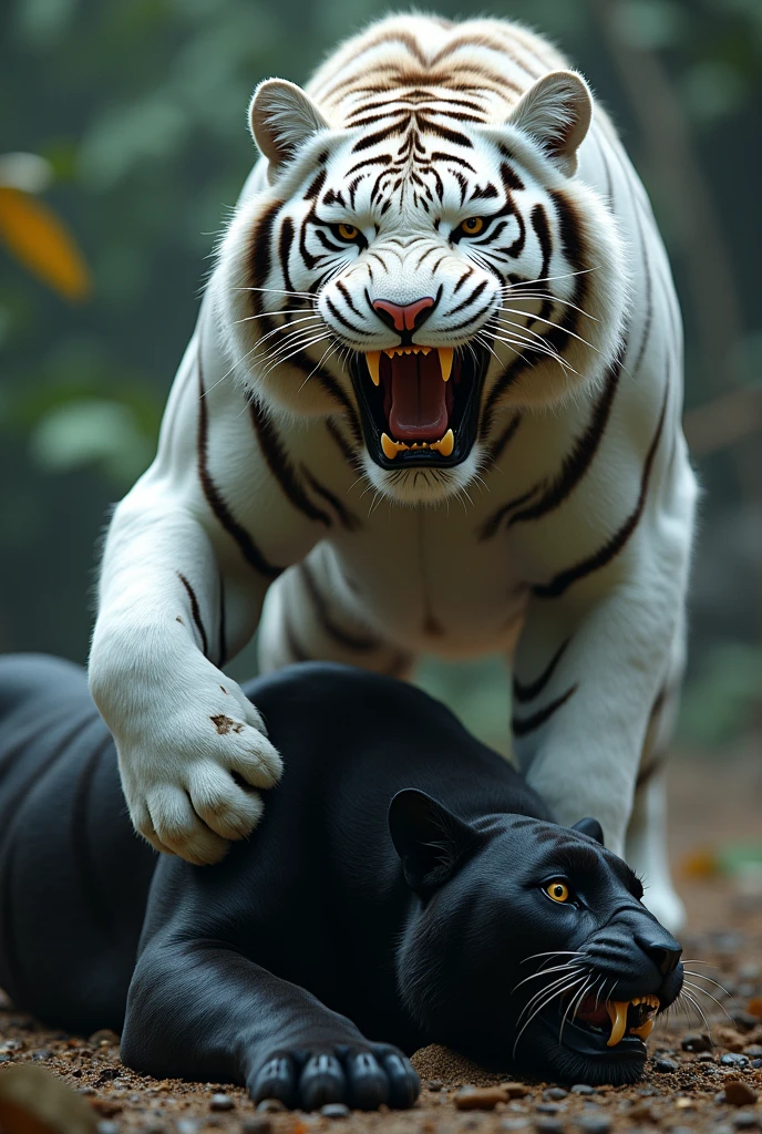 Black panther versus white tiger but the white tiger defeated Black panther and standing on the black panther while opening his mouth