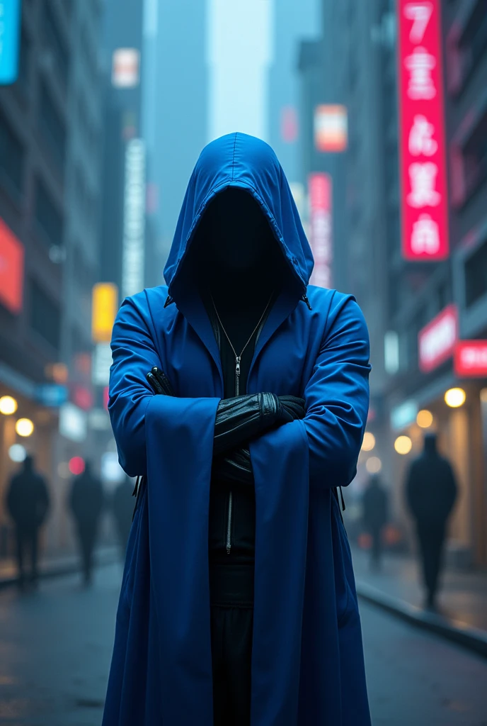 A blue hooded man standing on the streets at night in future folding his arms