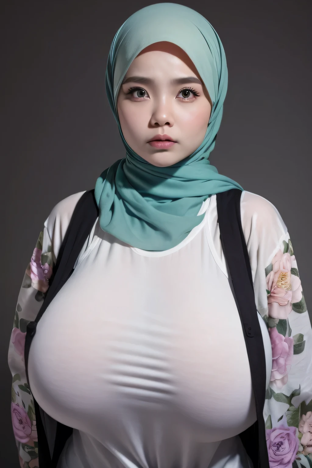 Jumbo (Singlet), Chubby adorable, 1 girl, (face to face), , , angry face expression, half body portrait, (face details: 1), (eye details: 1), ((big breasts)). wearing transparent transparency soft long shirt, hijab, .. Cute posed. proportional body. Ultra High Res. realistic: 1.4, UHD, ((flowers pattern)), ((Bigger:2.3)), (((DARK BACKGROUND)))