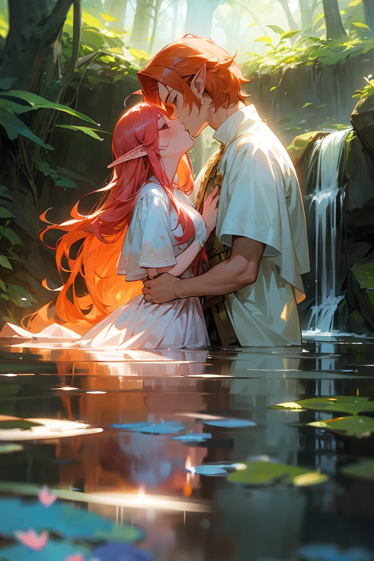 A romantic scene unfolds as a D&D elf woman with fiery hair and dressed in pink embraces a D&D elf man with flowing water-like hair and clad in white. They share a passionate kiss in front of a cascading waterfall in a lush forest. The sunlight filters through the trees, casting a warm, golden glow over the scene. Roses and lilies bloom around them, enhancing the enchanting atmosphere with their vibrant colors. The setting is both breathtaking and intimate, filled with love and natural beauty