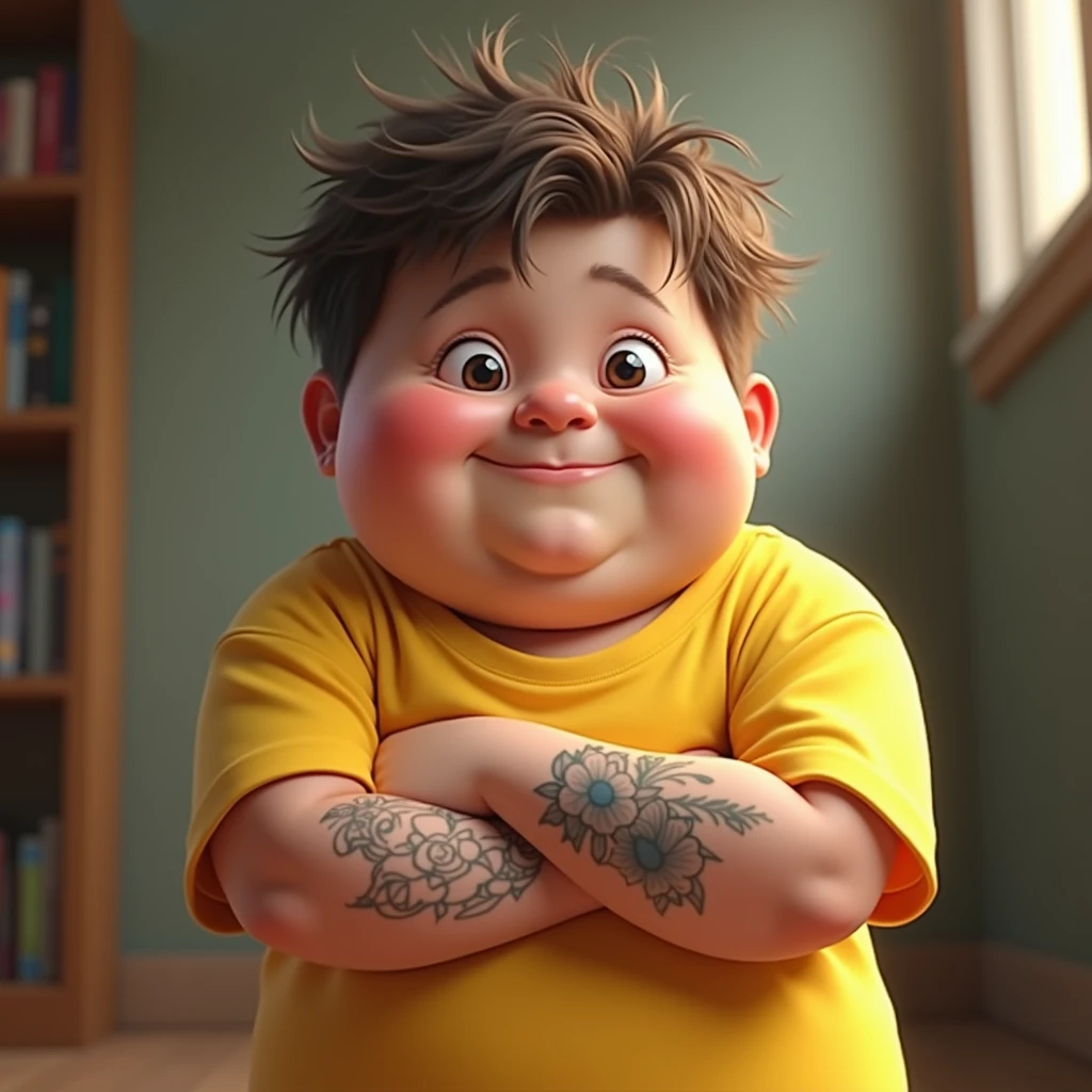 A boy, with a chubby and funny appearance, reminiscent of the young Macaulay Culkin in *Home alone*. Realistic light, with a yellow short-sleeved T-shirt that stands out against his playful physique. Despite his age, He has small tattoos on his arms, adding a unique touch to your appearance. With a cheerful and mischievous expression on his face, He shows a wide smile that reflects his playful character. His arms are crossed over his chest, and his posture is firm and secure, as if enjoying a small victory or a secret joke. looking straight ahead, Her rounded face and messy hair accentuate her innocent and charming appearance..