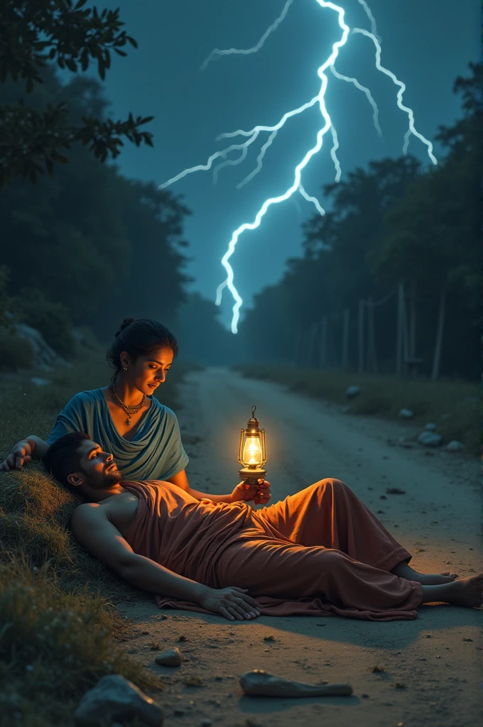 Upagupta ,the disciple of Buddha wearing sage clothes, is lying on dusty road of Mathura without any pillow or any other amenities in 3rd Century BC at a stormy night and a young woman falls over the chest of Upagupta ,waking him up . She is dressed in blue mantle and is having young body and wearing anklets and has a old kerosene lamp in her hand.They both are alone and a lightning is struck that time.