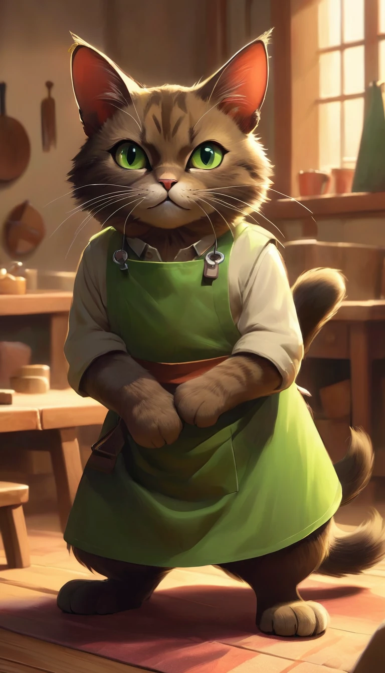 Learning to Defend
Description:
In the middle of the room, the dark brown anthropomorphic cat father, wearing a green apron over his fur, stands in a firm, defensive stance, demonstrating a knife block. His face is serious yet encouraging, with his tail rigid and eyes focused. The young grey-furred son, mirroring his father’s movements, displays determination, his face showing concentration. Occasionally, he glances up at his father, his eyes sparkling with pride and eagerness to learn. The father’s occasional smiles and nods of approval add a layer of encouragement to the scene, with the father’s whiskers and ears reflecting his supportive nature.
Environment:
The room retains its cozy feel with soft lighting casting gentle shadows. A small rug in the center of the room where they practice adds a homely touch. The walls, decorated with simple, affectionate art, complement the lively, engaging atmosphere of their training session.