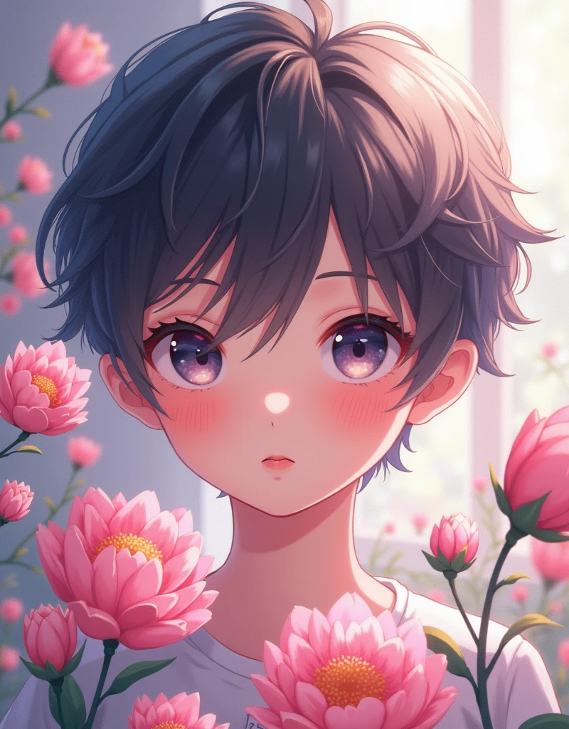 a cute anime boy, flowers vase, holding flowers, beautiful detailed eyes, beautiful detailed lips, extremely detailed face and features, portrait, anime style, pastel colors, soft lighting, fantasy, digital painting, masterpiece, high quality, 8k, intricate details, photorealistic, vibrant colors