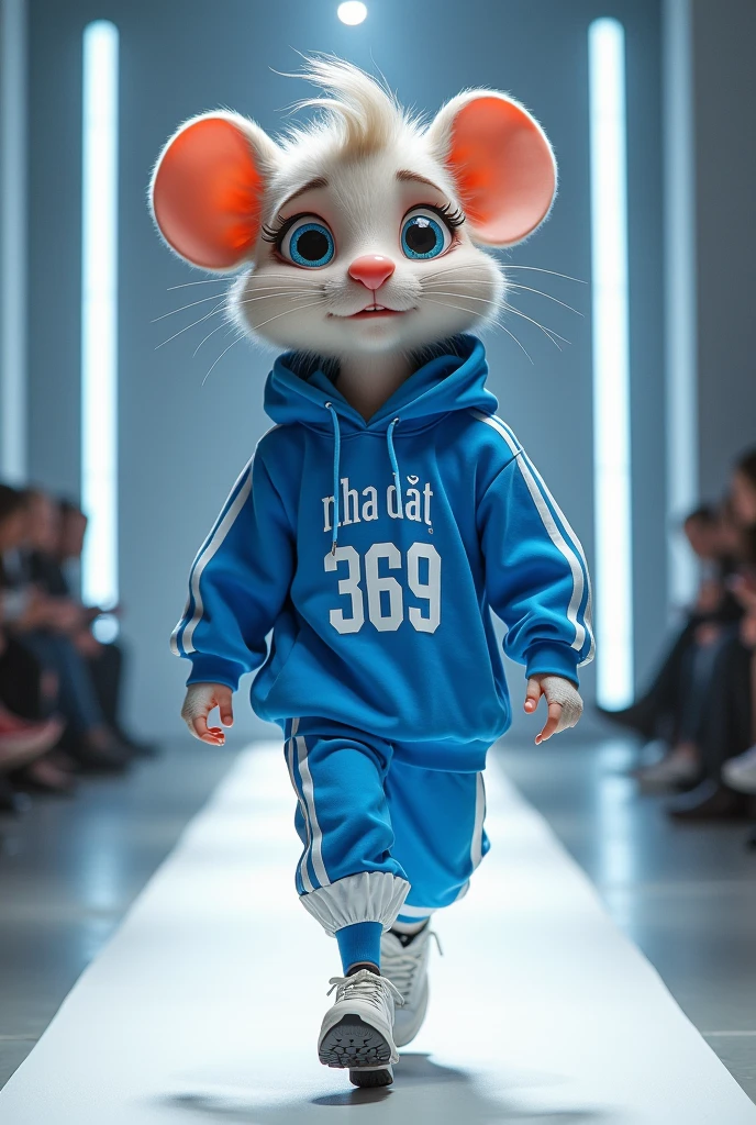 Tạo cho tôi hình ảnh một cô gái có khuôn mặt của 1 con chuột đang catwalk trong trang phục phong cách street màu xanh dương kết hợp màu trắng, trên trang phục có dòng chữ Nha Dat 369, ảnh toàn thân