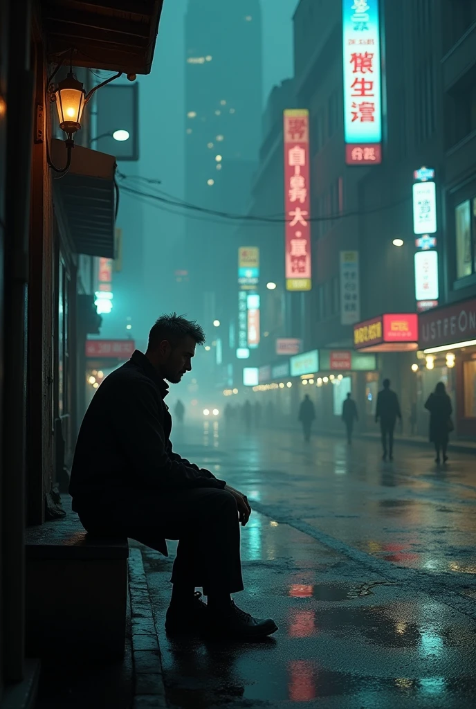 A man sitting alone in adark city
