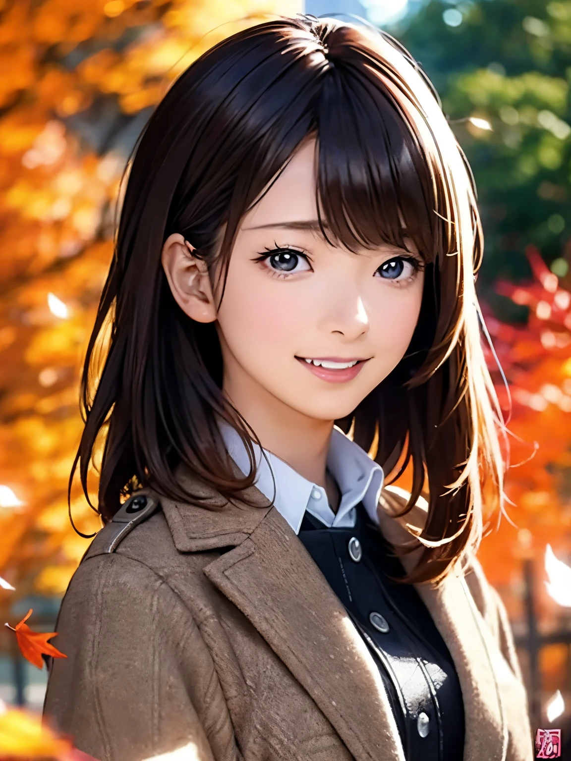 High resolution, 8k, Highest quality, detailed, Semi-realistic anime, Anime 3D Style, Smooth anime CG, One Girl, A 20-year-old Japanese woman, slim, Modeled, Shiny brown hair, detailedな顔, Beautiful and detailed, Glowing Skin, Hard Focus、Film Grain, Soft lighting, Looking at the audience, Laughter, (Woman wearing an overcoat and high heels), Autumn street trees starting to turn red、Scenery of falling leaves