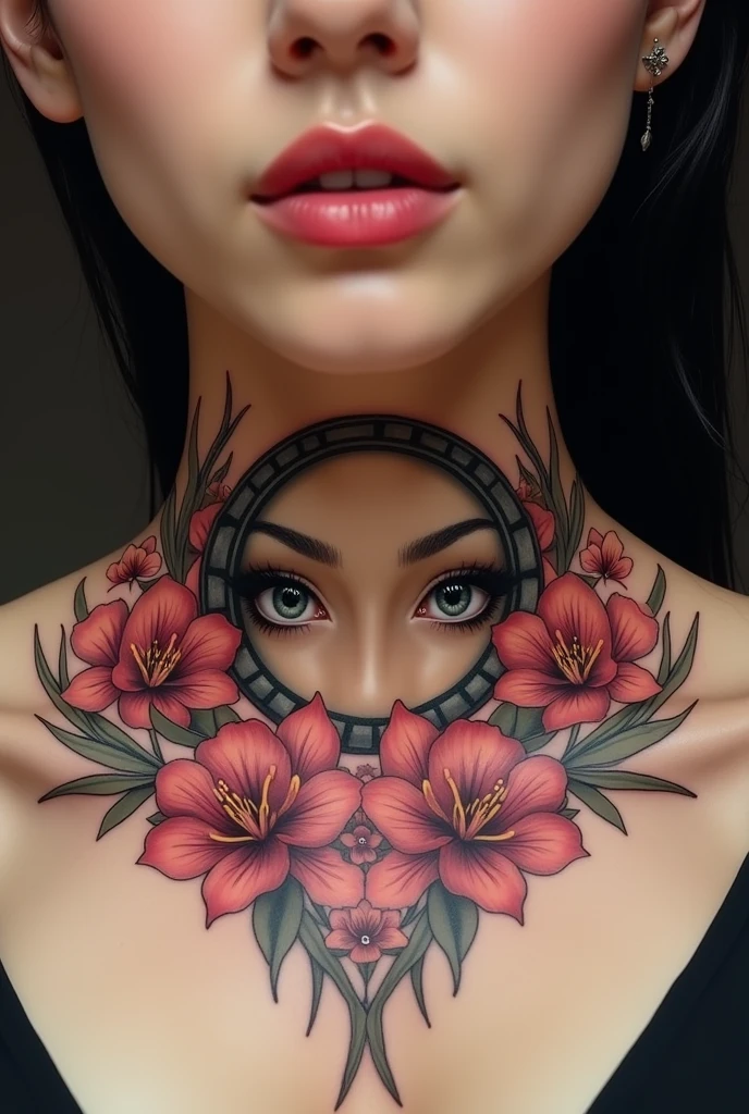 a close up of a woman with tattoos on her chest and chest, beautiful detailed body and face, body covered in floral tattoos, inked, neck tattoos, with tattoos, tattoos and piercings, tattoos, tattoo style, tattooed body, elegant freckles, beautiful realistic upper body, full - body tattoos, full-body tattoos, tattooed, with facial tattoo, pinterest tattoos