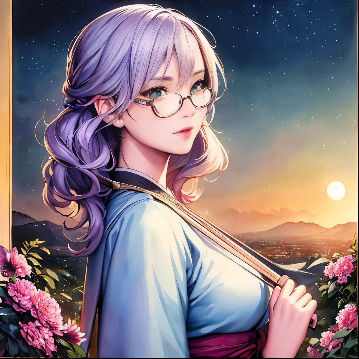 masterpiece: 1.7, Highest quality, Very very beautiful, Delicate use of colour、Detailed face、Realistic facial expressions、 art, (Watercolor(curly)、公式art、Realistic、Beautiful and aesthetic:1.3)、(One Girl:1.3)、(フラクタルart:1.3)、(kimono)、Upper body、From the side、Looking at the audience、pattern、Flowers, birds, wind and moon、Yuki、A Thousand Cranes、cloud、lanthanum、Starry Sky、performer、(Tabletop, Highest quality), Very detailed, Sexy Female Ronin, warrior, Cherry border, Japan tattoos, knife, Japan, night, moonlight, ベクタースタイルのart, erotic, Movie Poster Style, lettering., Light purple hair, Glasses, Green Eyes