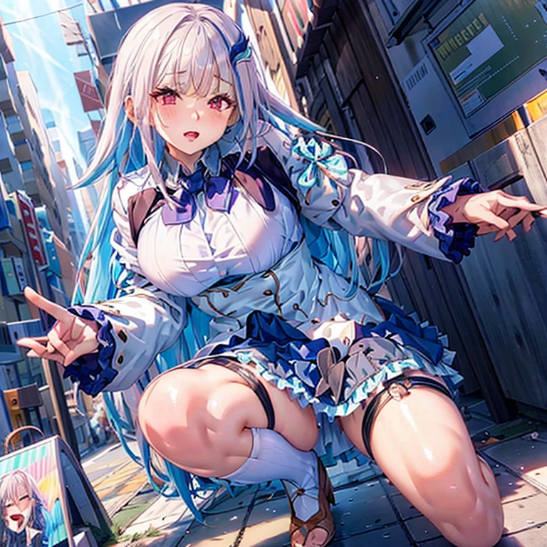 Highest quality, High resolution,(Ahegao),blush, peeing self, lh1, hair ornamnet, long hair, long sleeves, pleated skirt, blue thighhighs, 手链, frilled skirt, white jacket, white shirt, blue skirt, thigh strap,(Anatomically correct), Saliva stringing, remote_vibrating,remote_play,Anatomically correct