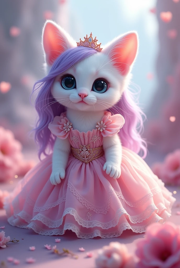 A very cute little white cat princess wearing a pink princess dress with long purple hair reaching her feet.