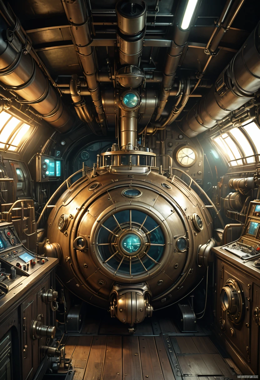 a large steampunk nautilus submarine, underwater, old school sci-fi, detailed interior, brass and copper accents, glowing lights, complex machinery, portholes, control panels, heavy industrial atmosphere, dramatic lighting, weathered and aged, (best quality,4k,8k,highres,masterpiece:1.2),ultra-detailed,(realistic,photorealistic,photo-realistic:1.37),concept art,cinematic lighting