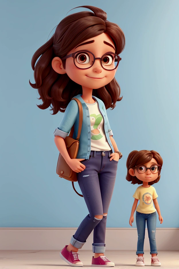 **Prompt**:
Create a full-body avatar of a with light brown skin and dark hair. She is wearing stylish glasses that add a touch of personality to her look. Her hair is medium-length, slightly wavy, and styled loosely, framing her face gently. She is dressed in casual, trendy clothing that reflects her age and style—a graphic t-shirt, denim shorts or jeans, and comfortable sneakers. The avatar should capture her youthful energy and confidence, with a friendly, approachable expression. The scene is set in an animated, semi-realistic style (SeaArt), with detailed textures, soft lighting, and a cheerful, vibrant color palette that brings out the character's liveliness. pixar