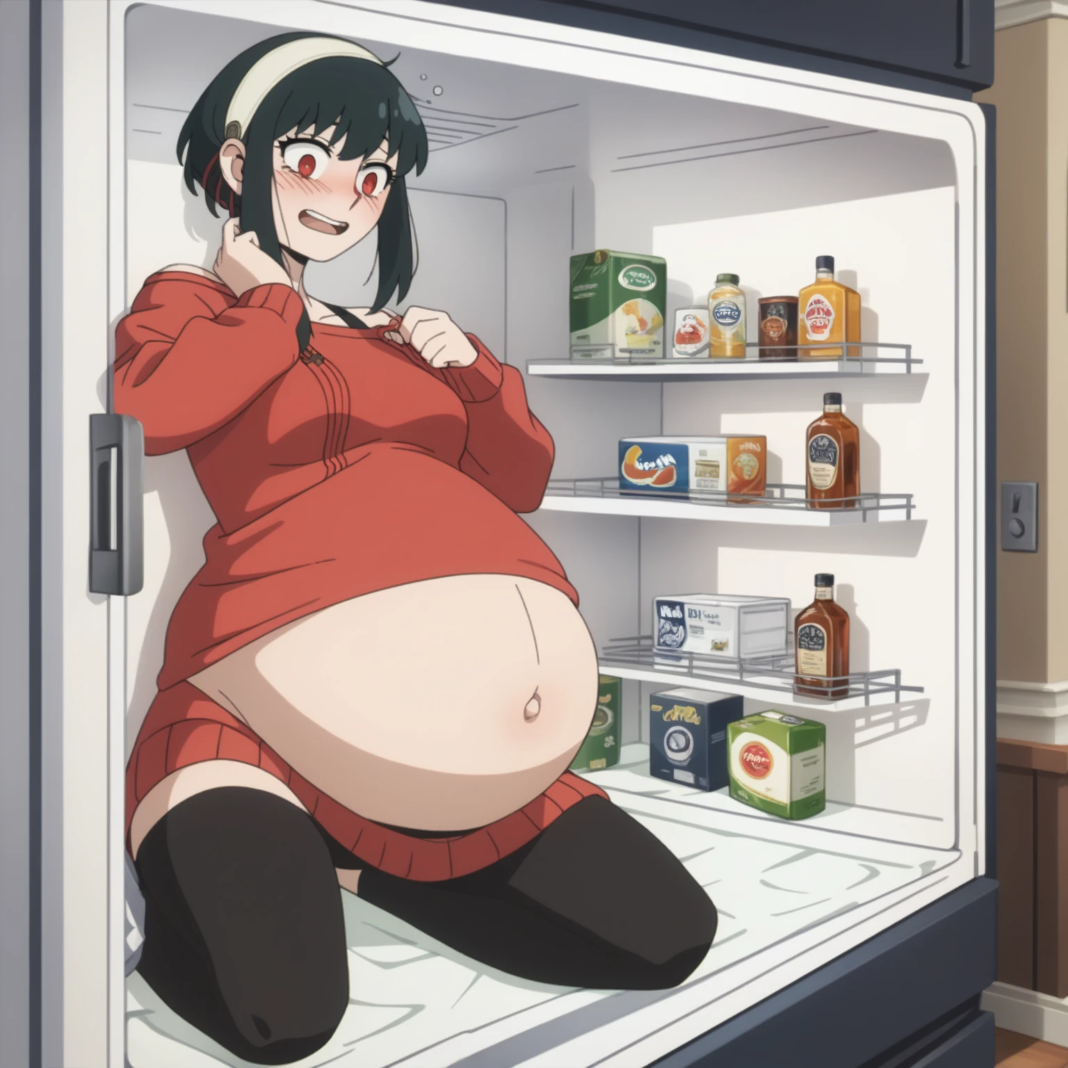 I look at the viewer, One, yorforger,1 girl, ((medium breast)), ((belly stuffed)), ((huge belly)), ((Very drunk)), ((staggers)), black hair, Red eyes, short hair with long strands, white hair band, from the shoulder, ((red sweater)), black tights, ((drank too much)), ((exhausted)), ((excited)), ((in front of the refrigerator)), ((Outdoor refrigerator)), ((lean on the fridge)),