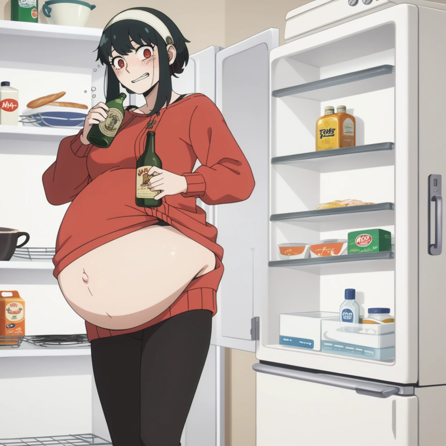 I look at the viewer, One, yorforger,1 girl, ((medium breast)), ((belly stuffed)), ((huge belly)), ((Very drunk)), ((staggers)), black hair, Red eyes, short hair with long strands, white hair band, from the shoulder, ((red sweater)), black tights, ((drank too much)), ((exhausted)), ((excited)), ((in front of the refrigerator)), ((Outdoor refrigerator)), ((lean on the fridge)),