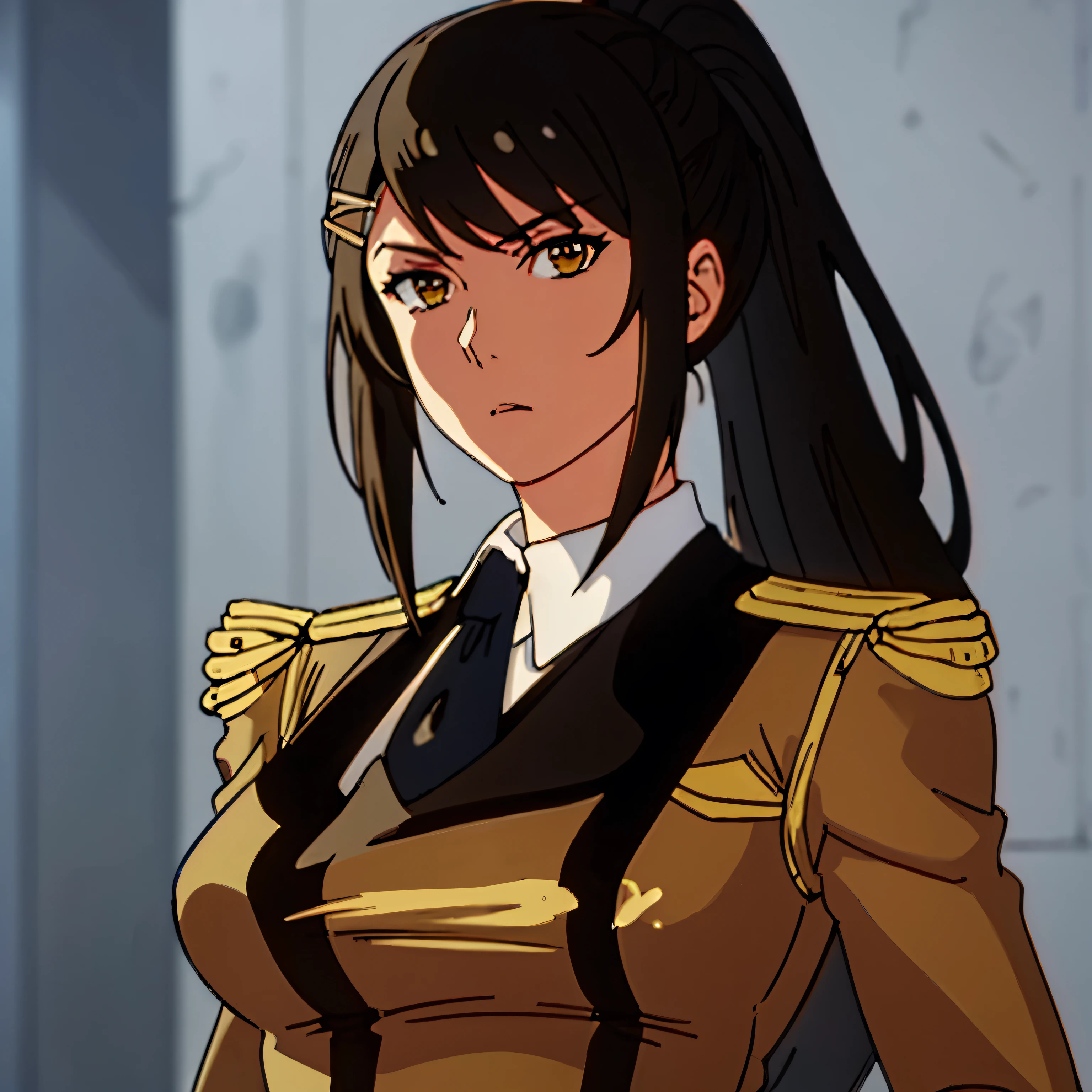 beautiful eyes, beautiful girl, high detail skin, high detail eyes, high detail hair, highres, ultra detailed, sharpen picture, Highly detailed, masterpiece, best quality, photorealistic, gundammilitaryuniform, full body, large breast, huge breast, sae chabashira, long hair, (black hair:1.5), hair ornament, (brown eyes:1.3), ponytail, hairclip, mature,