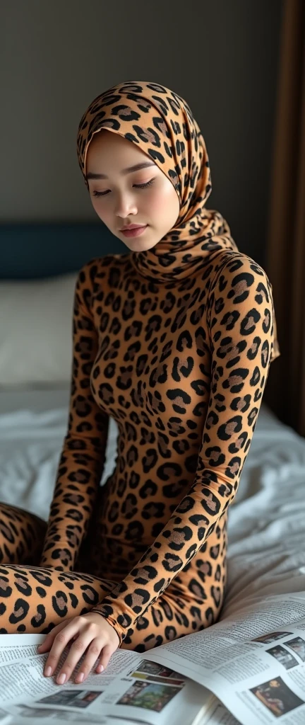 The most beautiful,thin,clever and most pretty twenty nine years old Malaysian muslimah girl wears white leopard print lycra turtleneck unitard catsuit covered with spots.She always wear leopard print cotton dancewear stretchy square hijab covered with spots.She sits on the bed and reads a lot of newspapers.