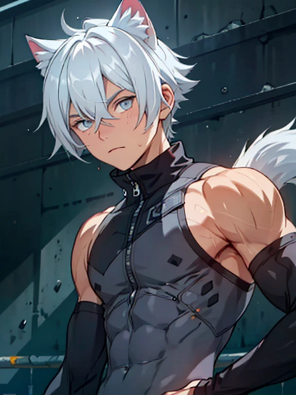 1 young person,alone,18-year-old,male,Shocked facial expression,blush,good looking,White hair Blue eyes,Purple eyes, Cat ear　Side view　Kneeled　Open your mouth and scream　suffer　Sleeveless, wistful expression　Exposure to electricity　Get it　Thick tail　Upper body naked　Raised to be sexy