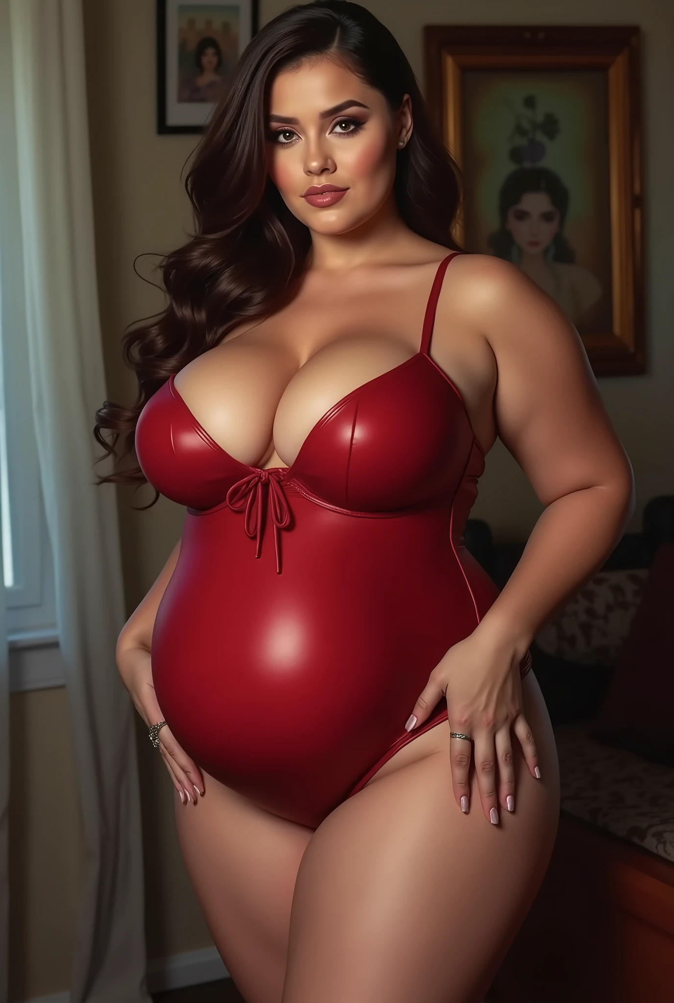 ((Sophie Dee)), high quality, best quality, hires, high resolution, masterpiece, 4k, photorealism, photorealistic, realistic, realism, detailed face, detailed skin, detailed eyes, detailed mouth, detailed eyes, bimbo tits, silicone , hourglass figure, beautiful woman, sexy woman, ((huge breasts)), ((cleavage)), ((huge tits)), ((wide hips)), ((thick thighs)), ((big ass)), sexy, alluring, seductive, bimbo lips, puffy lips, ((voluptuous)) --auto --s2