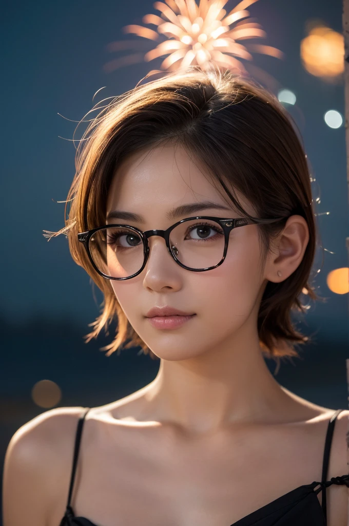 (Highest quality,8K quality,masterpiece:1.3),(Ultra-high resolution,Photorealistic:1.4,RAW Photos),(Very delicate,Caustics,Detailed Background),(Ultra-Realistic Capture,Fine and beautiful skin,Perfect Anatomy), At night,Night Sky,Riverbank,Outdoor,1,cute,single eyelid,Dark brown short bob,break,(yukata:1.1),Glasses on the head,firework,Looking at the camera,Natural soft light