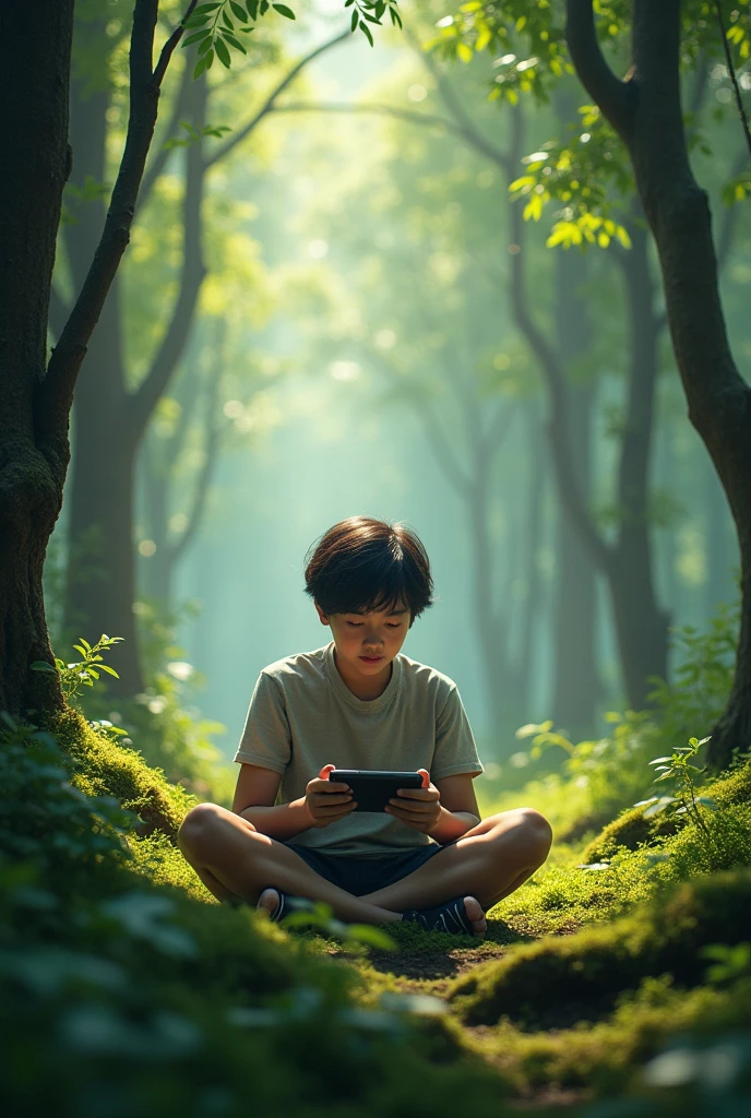 A person playing video games in the forest 