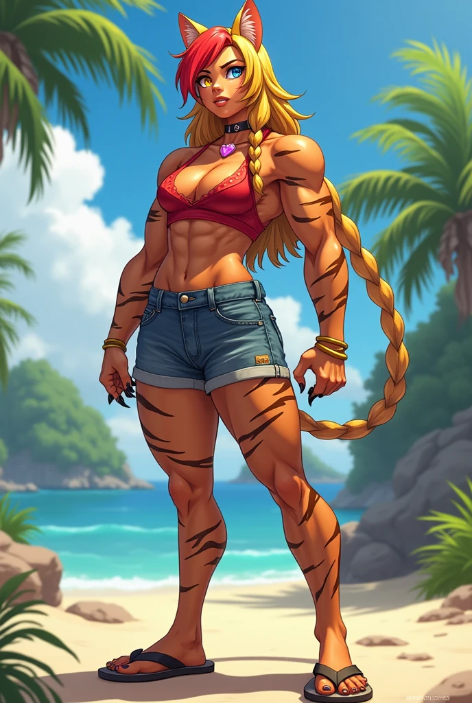 Heroine Very muscular woman body builder body of a professional fighter athletic great physical attributes brown skin with tanned tiger spots she has sun marks from her bra and thong panties in Vê, She is blonde with long hair with a single red fringe and has two long braids and cat ears., It has eyes of two different colors, the left one is pool blue and has a pool blue sclera, the right one is yellow and has a yellow sclera, both eyes have a cat&#39;s pupil, has black claws on its nails, she has a heart collar around her neck, She is wearing very typical Brazilian clothing, a red women&#39;s tank top, denim shorts and flip-flops.. Art style Vtuber 2.5D. Japanese anime art 