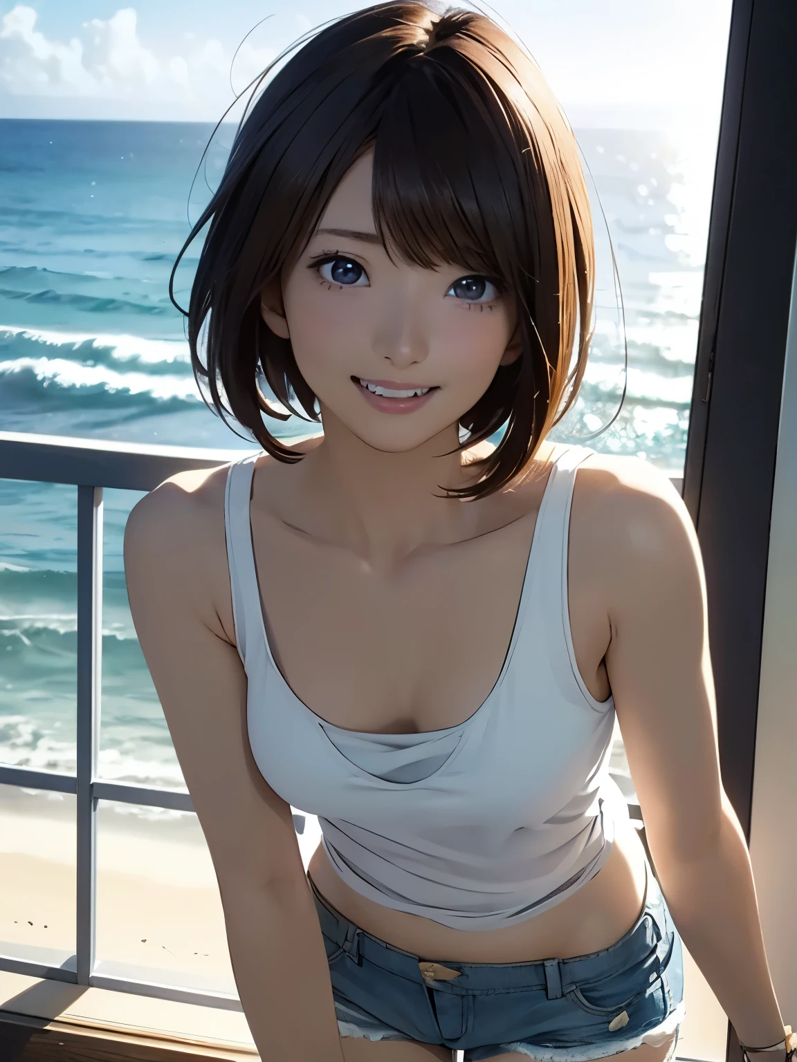 High resolution, 8k, Highest quality, detailed, Semi-realistic anime, Anime 3D Style, Smooth anime CG, One Girl, A 20-year-old Japanese woman, slim, Modeled, Shiny brown hair, detailedな顔, Beautiful and detailed, Glowing Skin, Hard Focus、Film Grain, Soft lighting, Looking at the audience, Laughter, (A woman wearing a casual tank top and shorts), Coastline with rising sun、Morning scenery with the sea breeze