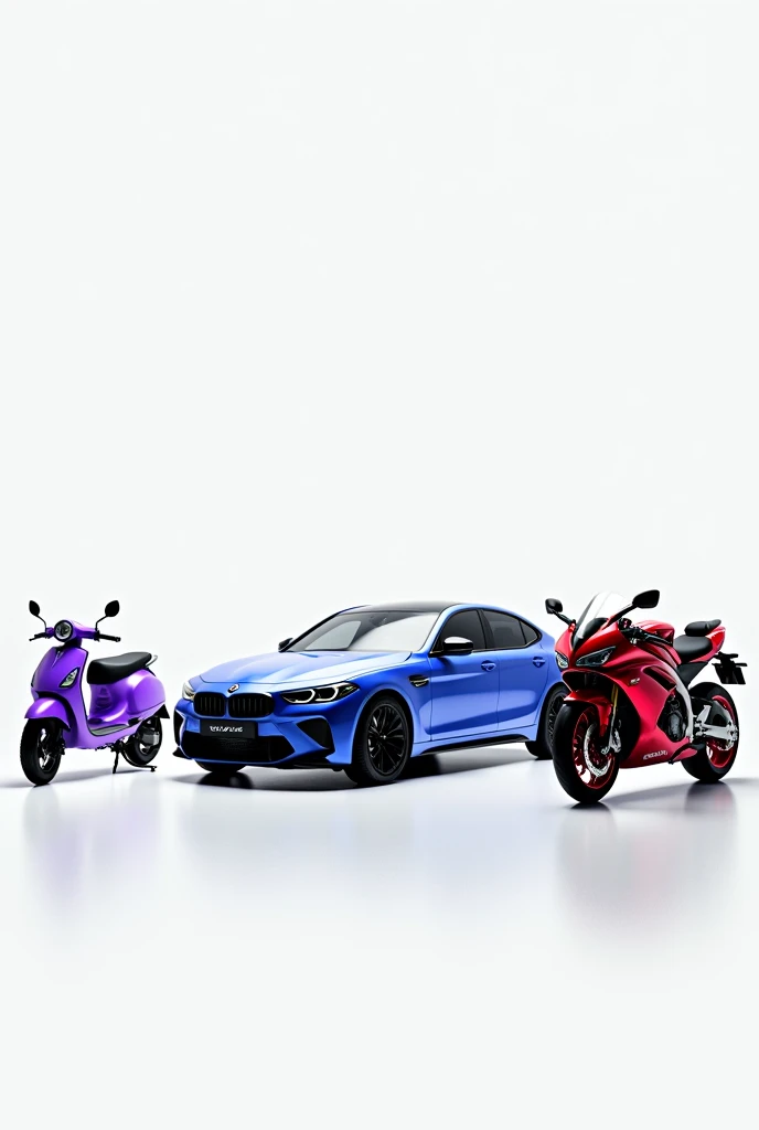 Generate the realistic image of red colour motorcycle bike blue colour car and purple colour scooter and make car in the middle facing straight, bike in the right side and scooter in the left side. In white background
